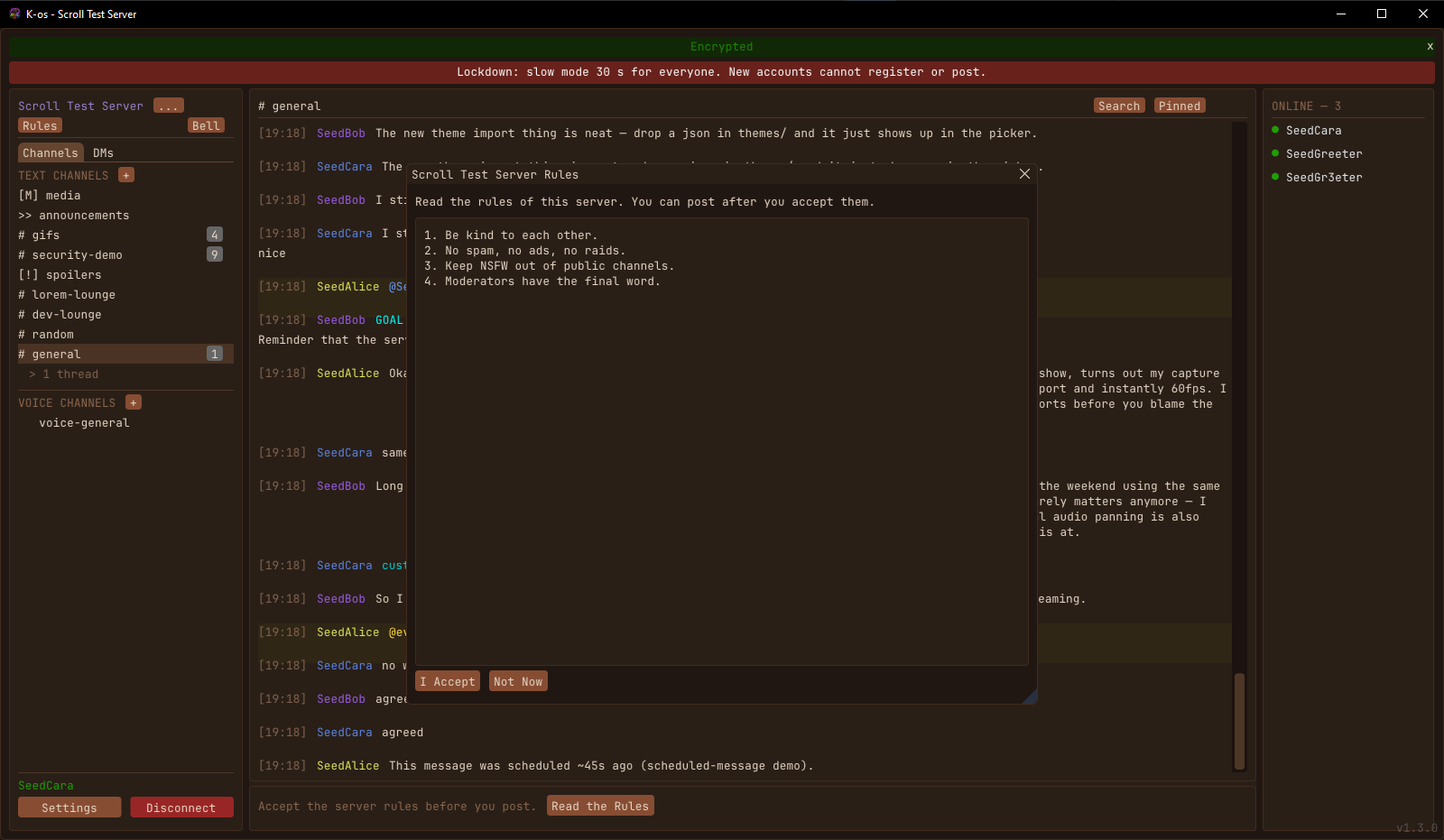 A member's view during a lockdown: the rules to accept, and the input bar waiting