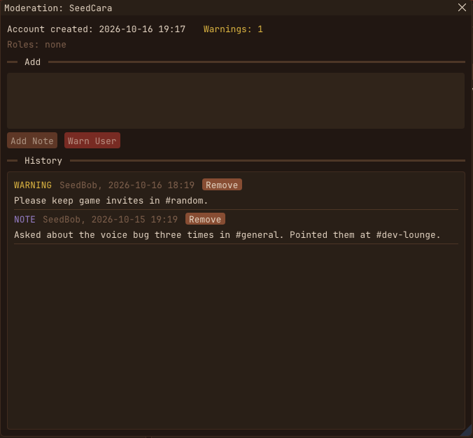 Moderator notes and warnings for one account