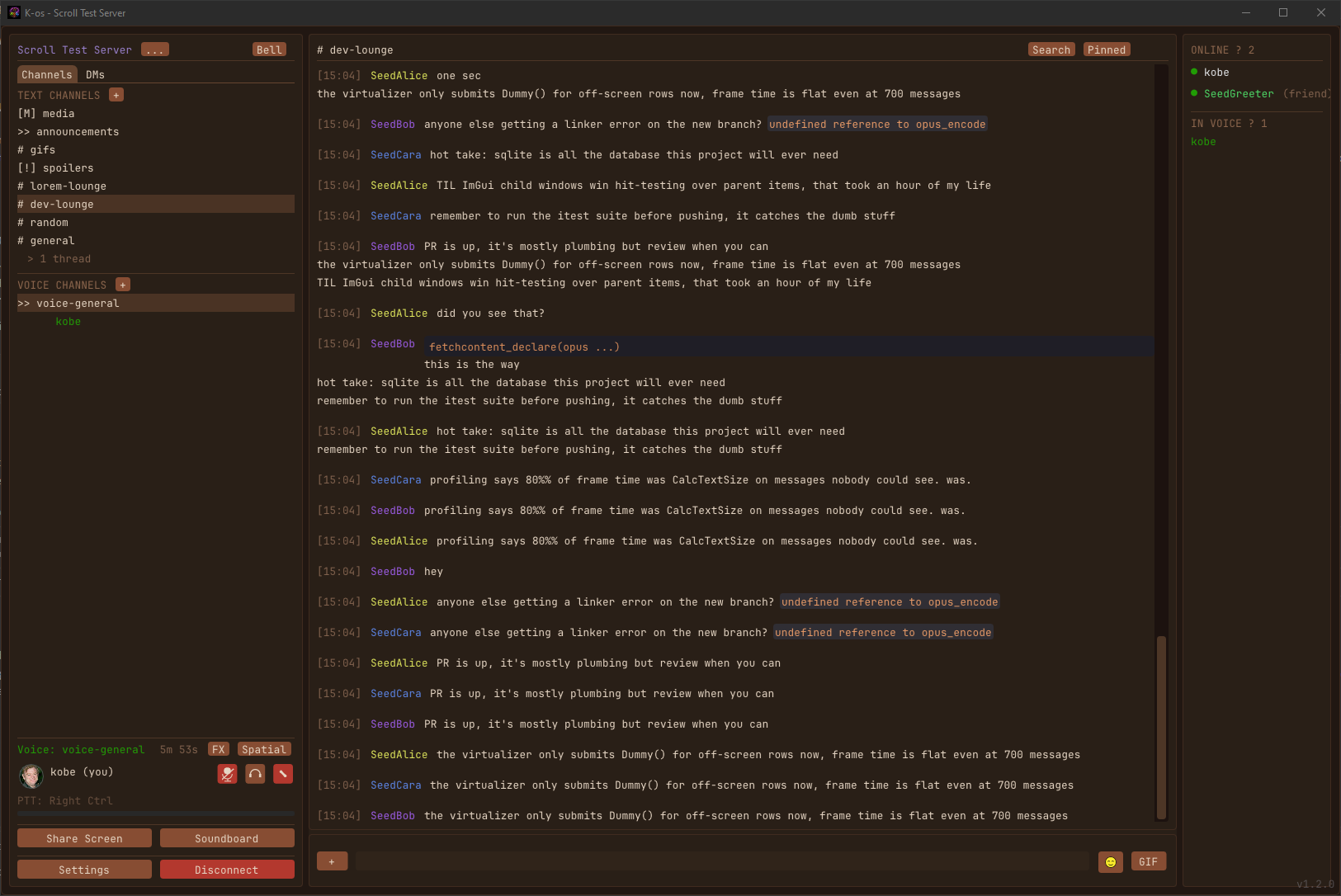 k-os v1.2.0 — message grouping and the slimmed-down input bar