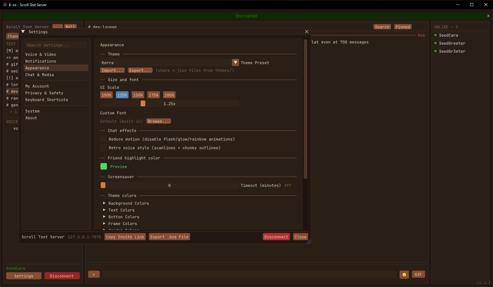 The settings window