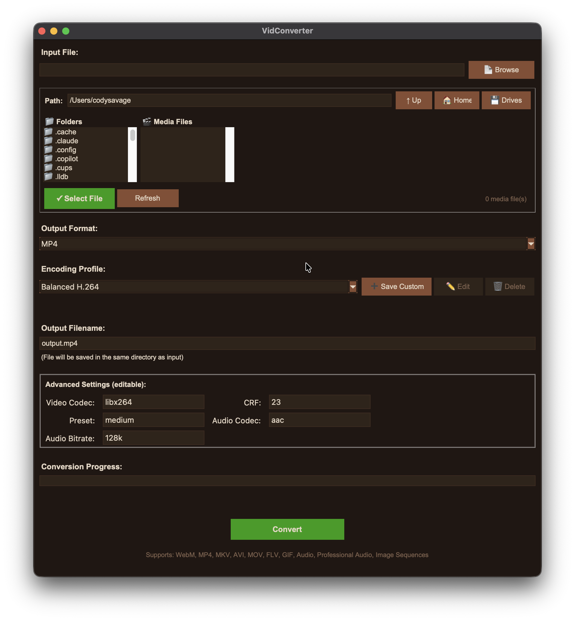 VidConverter's GUI — format picker, quality profiles, and live progress